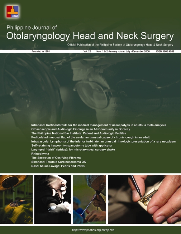 					View Vol. 22 No. 1-2 (2007): Philippine Journal of Otolaryngology-Head and Neck Surgery
				