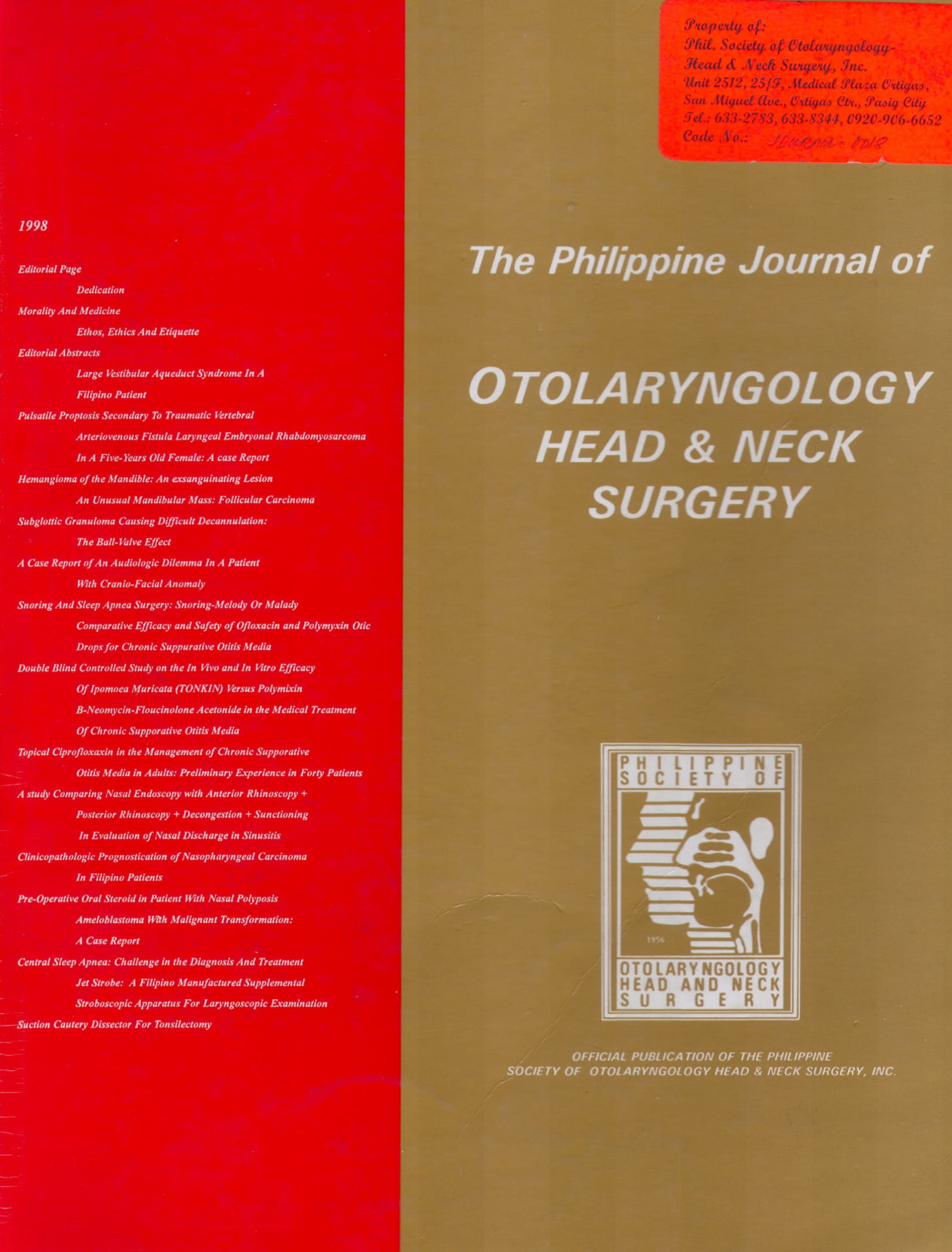 					View 1998: Philippine Journal of Otolaryngology-Head and Neck Surgery
				